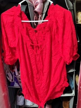 Source Unknown Bright Red Peasant Blouse with Tie Front